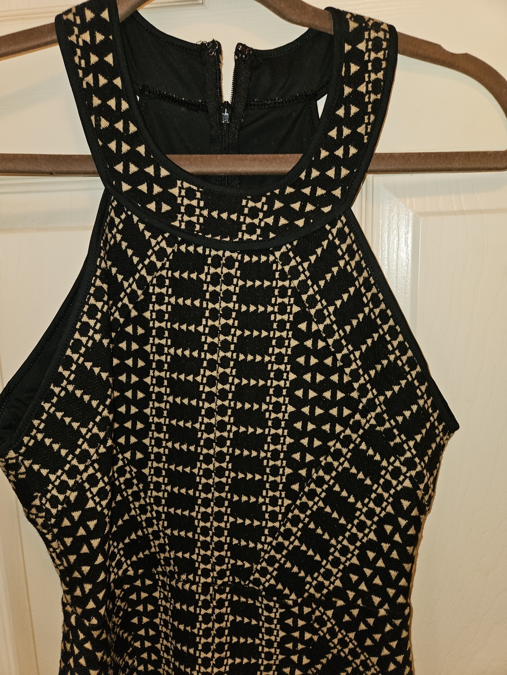 BCBGMaxAzria Black and Cream Geometric Halter Midi Dress - Picture 2 of 4